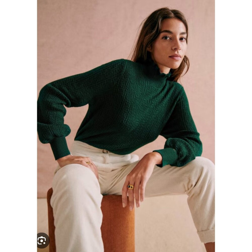 Sézane Rosalia Jumper XL Green Merino Wool Ruffled High-Neck Sweater Made In Ita